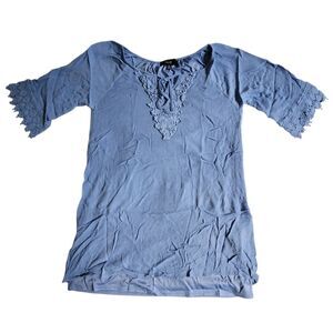 NAIF Light Blue Embroidered Floral V Neck Tie Boho Shift Mini Dress sz M